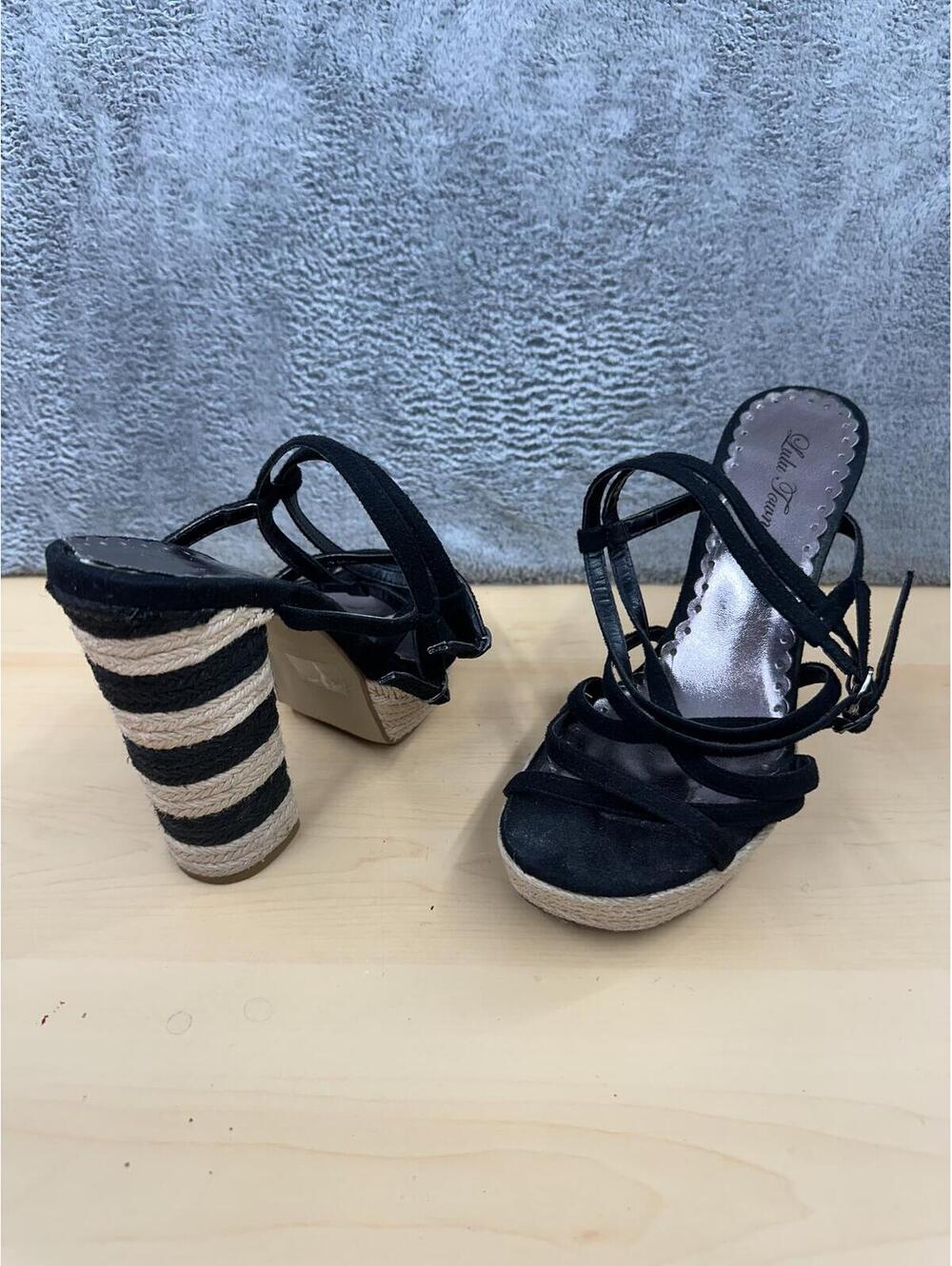 Lulu Townsend Black Strappy Espadrille Heels with Striped Block‎ Heel